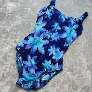 Vintage Longitude One Piece Swimsuit Womens 10‎ Blue Floral Shimmery Padded Bra